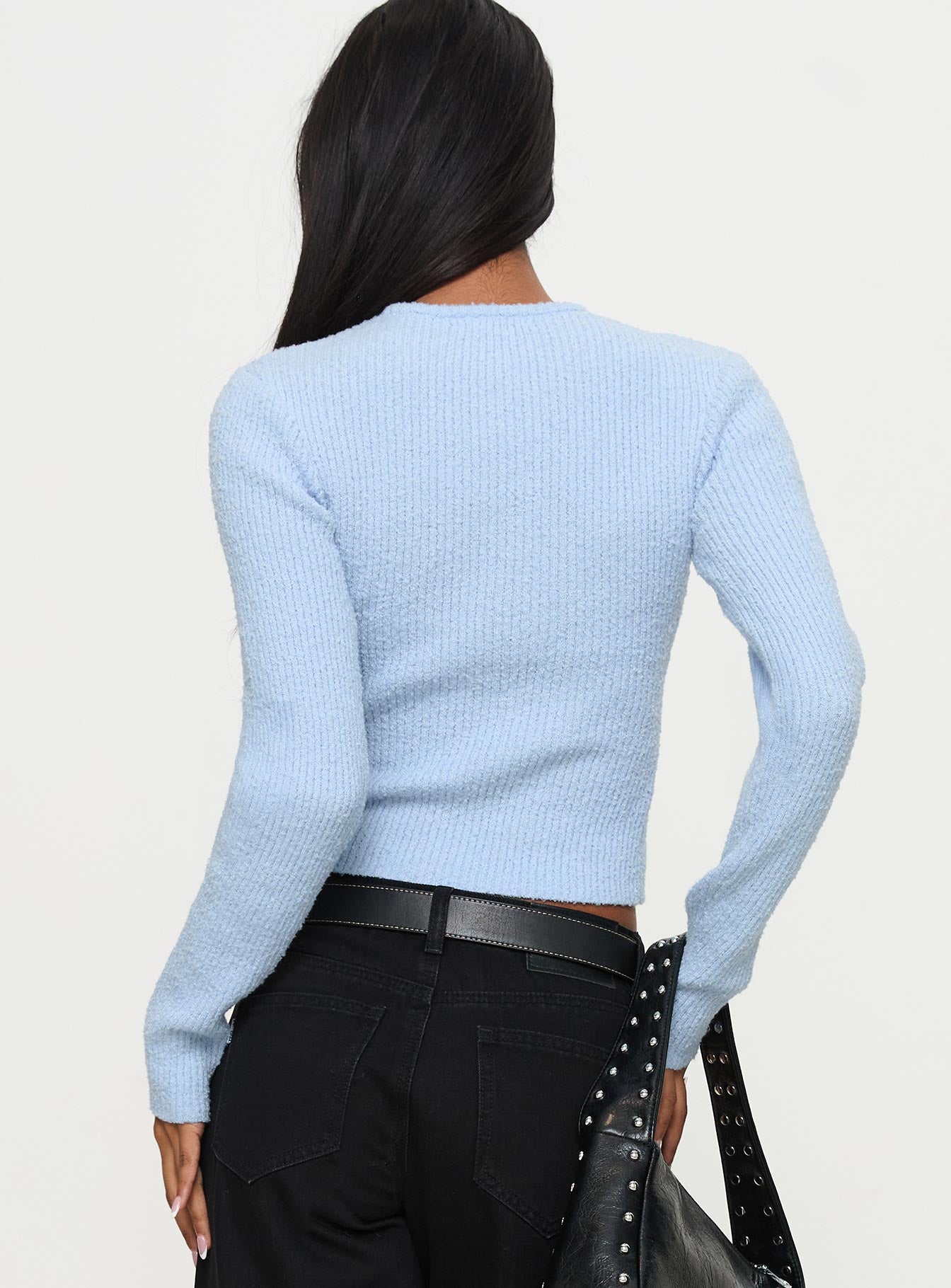 back view of model wearing Princess Polly Suzu Long Sleeve Top Blue Full Sleeves Crew Neck 