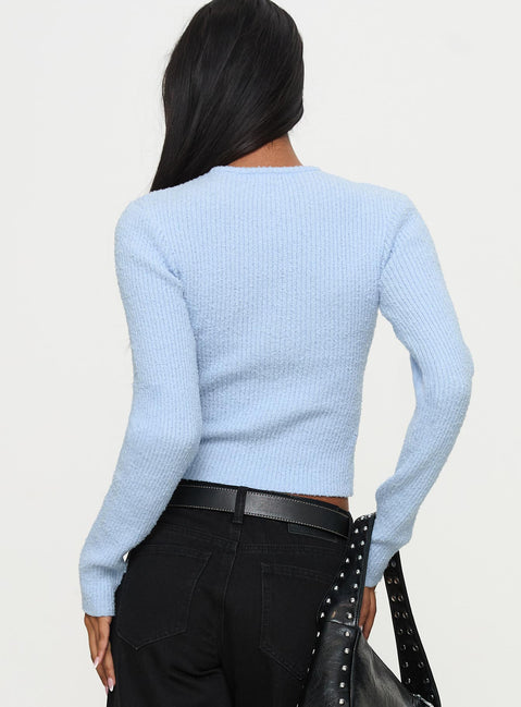 back view of model wearing Princess Polly Suzu Long Sleeve Top Blue Full Sleeves Crew Neck 