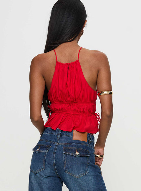 back view of model wearing Princess Polly Rozier Top Red Sleeveless High Neck 