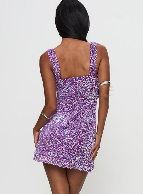 back view of model wearing Princess Polly Miss Me Sequin Mini Dress Purple Square Neck 