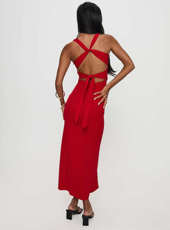 back view of model wearing Princess Polly Mesmerise Halter Maxi Dress Red V-Neck 
