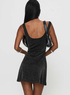 back view of model wearing Princess Polly Romani Mini Dress Black Glitter Cowl Neck 