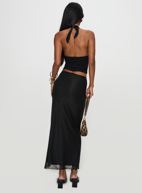 back view of model wearing Princess Polly Satine Maxi Skirt Black Maxi 