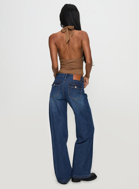 back view of model wearing Princess Polly Everlong Jean Dark Blue Wash Mid Rise 