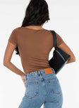 back view of model wearing Princess Polly Byer Bodysuit Brown Short Sleeves Square Neck 