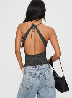 back view of model wearing Princess Polly Meegan Bodysuit Black Sleeveless Crew Neck 