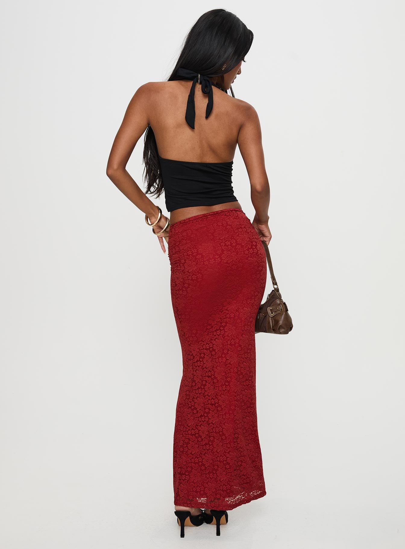 back view of model wearing Princess Polly Silene Maxi Skirt Red 
