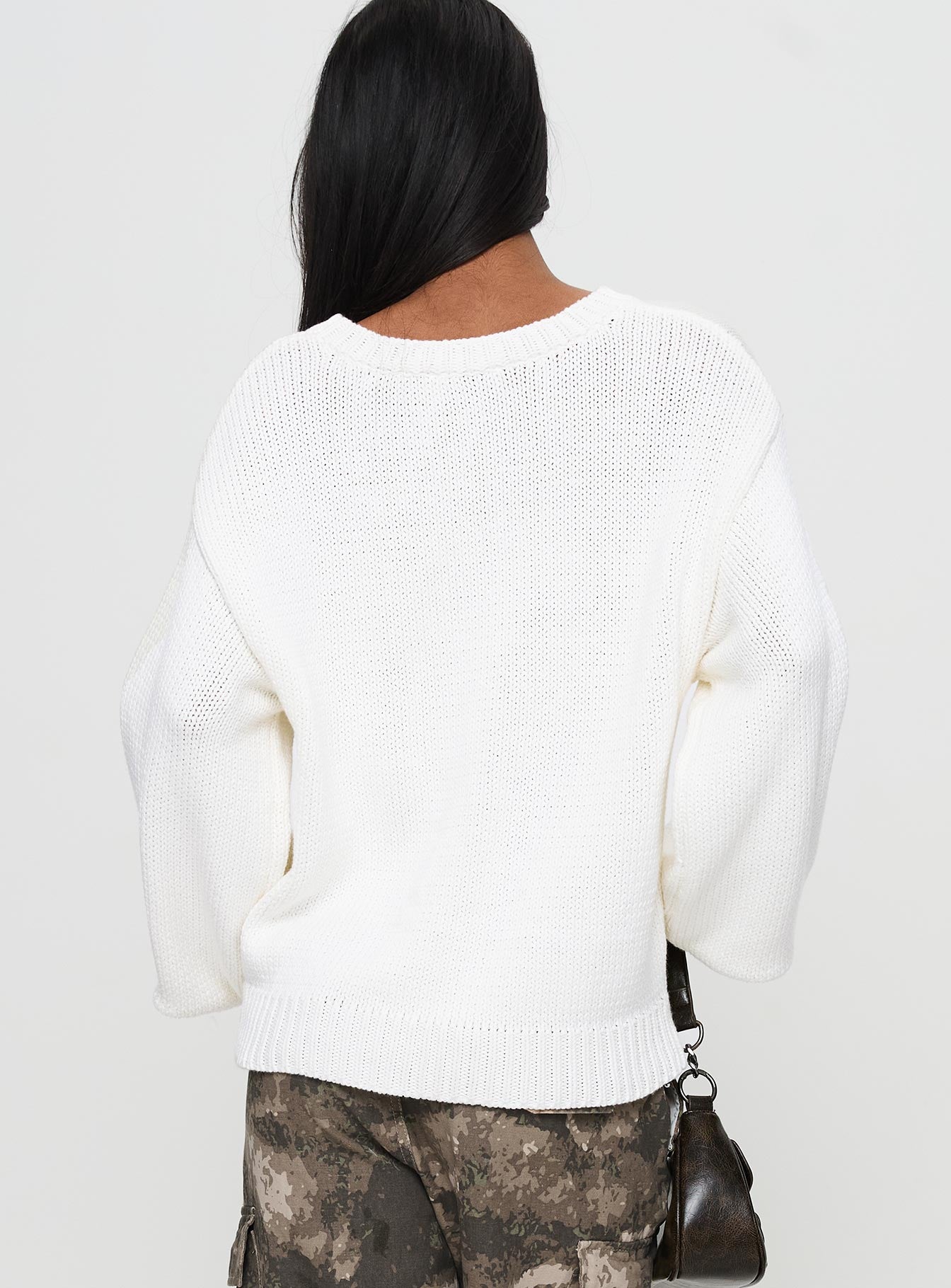 back view of model wearing Princess Polly Summer 77 Knit Sweater White / Green 