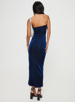 back view of model wearing Princess Polly Samper Strapless Maxi Dress Navy Lower Impact Straight Neck 