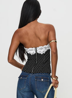 back view of model wearing Princess Polly Ettore Lace Trim Strapless Top Black Polka Sleeveless straight 