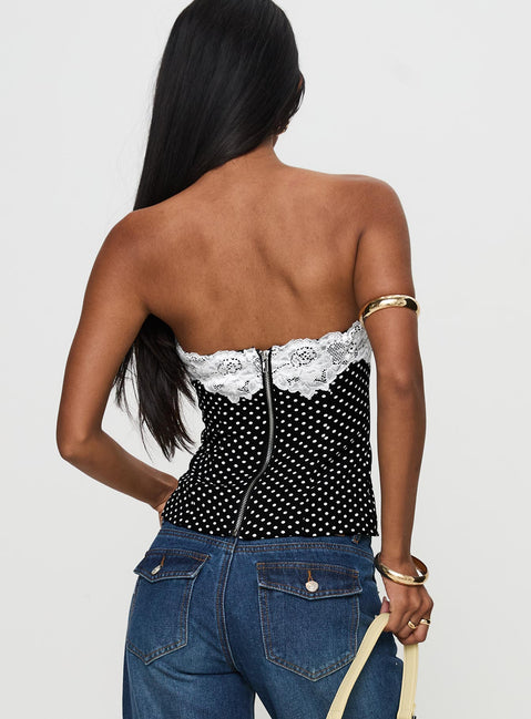 back view of model wearing Princess Polly Ettore Lace Trim Strapless Top Black Polka Sleeveless straight 
