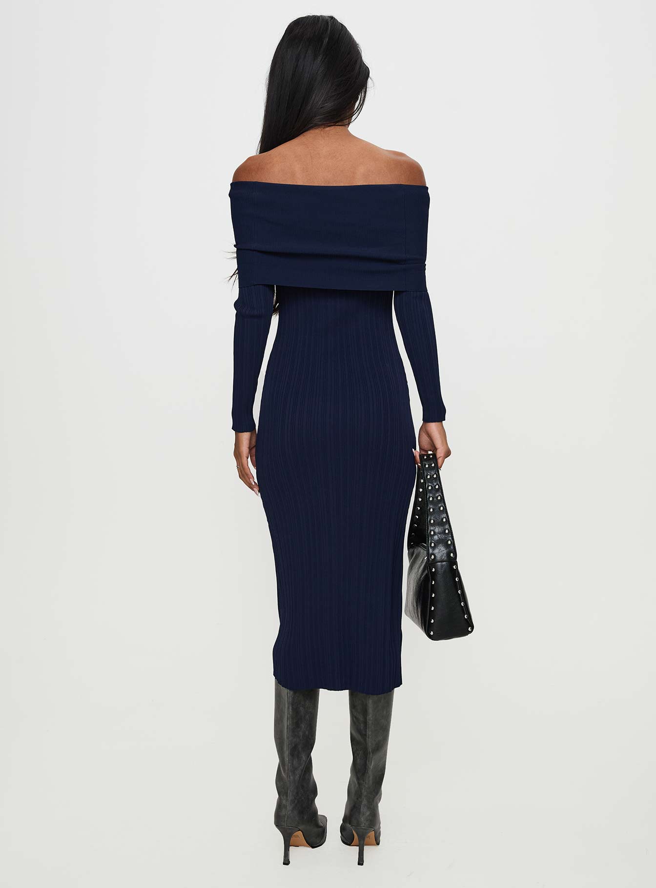 back view of model wearing Princess Polly Flisse Long Sleeve Rib Maxi Dress Navy Straight Neck 
