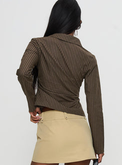 back view of model wearing Princess Polly Held My Hand Long Sleeve Top Brown Stripe Full Sleeves High Neck 