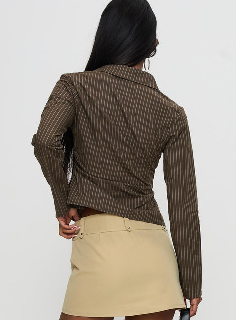 back view of model wearing Princess Polly Held My Hand Long Sleeve Top Brown Stripe Full Sleeves High Neck 