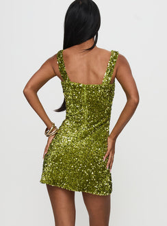 back view of model wearing Princess Polly Miss Me Sequin Mini Dress Chartreuse Square Neck 