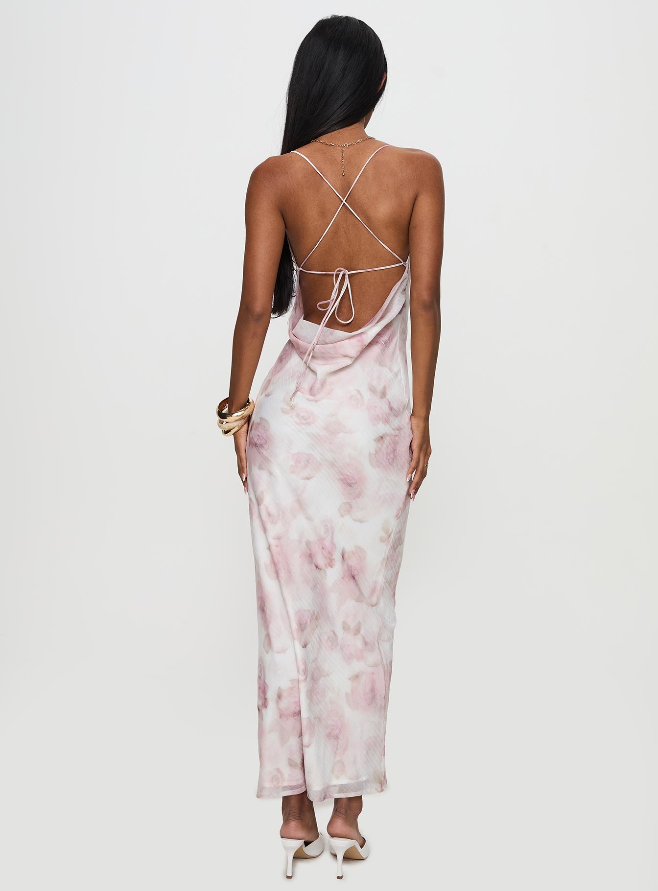 back view of model wearing Princess Polly Kalyssa Maxi Dress Multi Floral Cowl Neck 