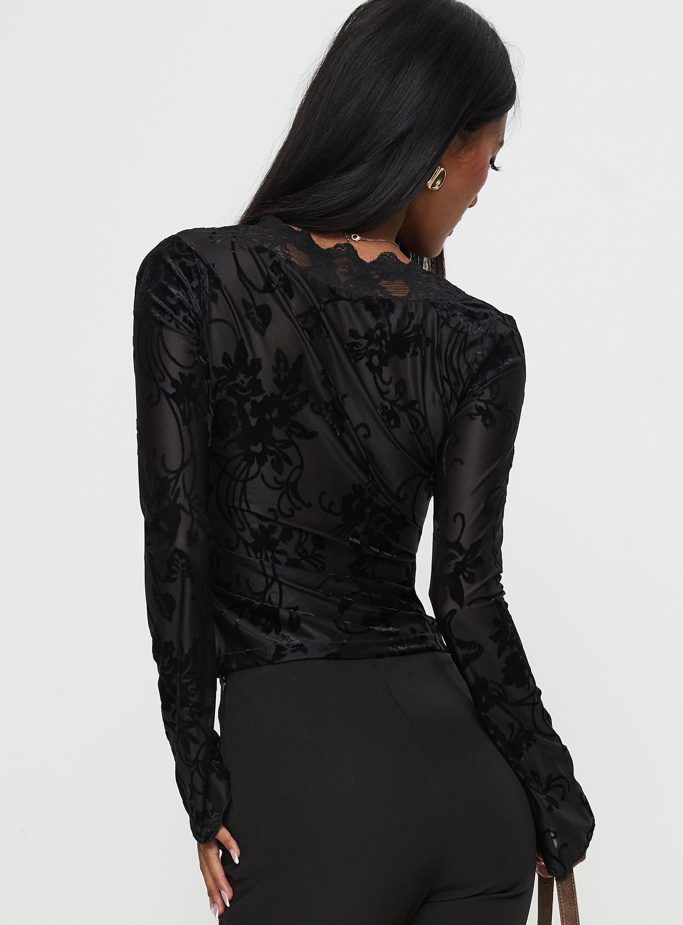 back view of model wearing Princess Polly Find An Angel Long Sleeve Lace Trim Top Black Full Sleeves Plunger 