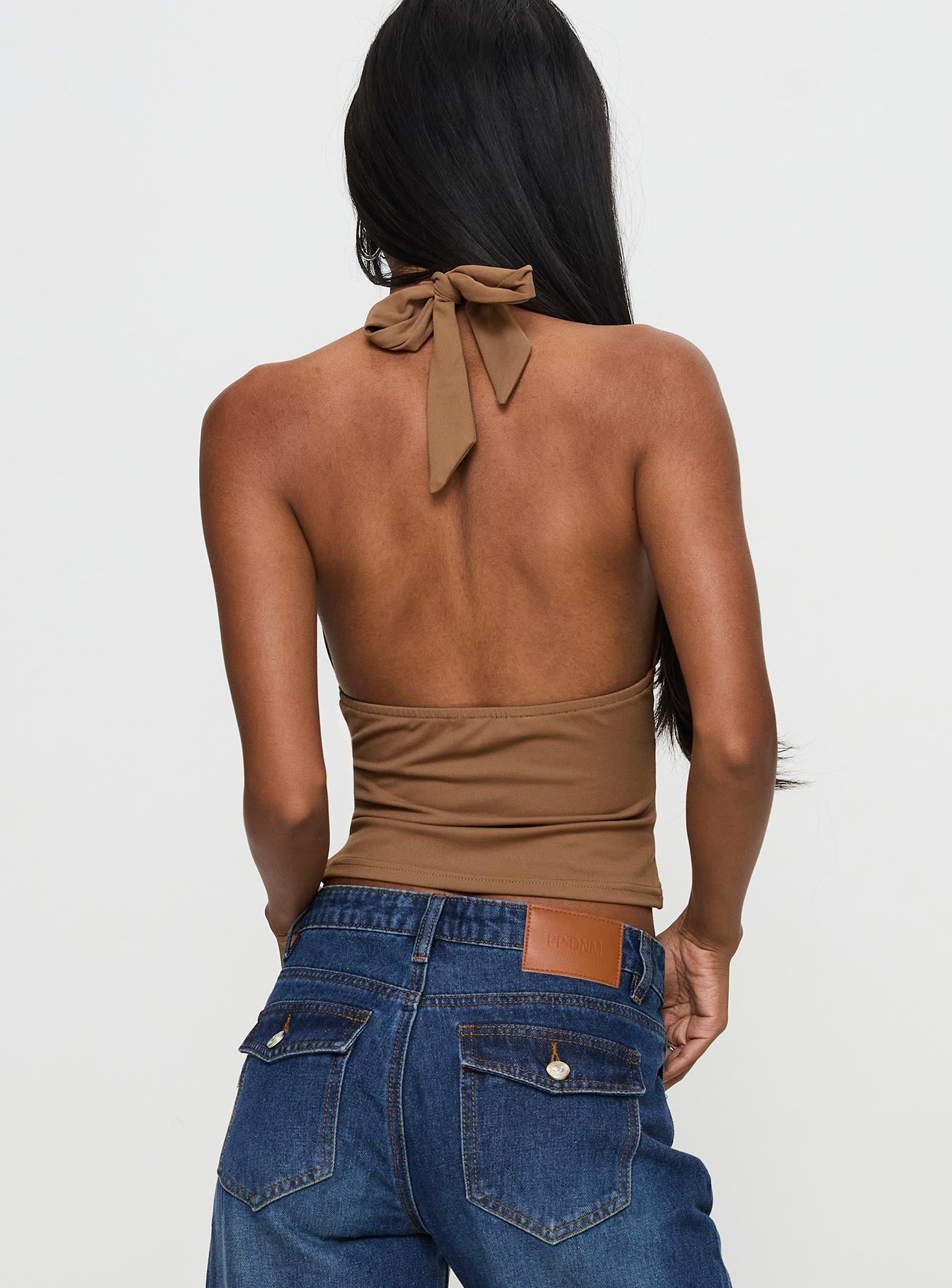 back view of model wearing Princess Polly Whimsy Halter Top Chocolate Sleeveless Plunger 