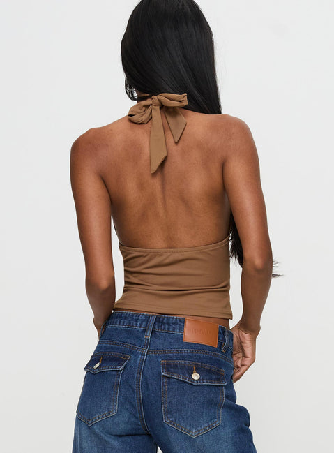 back view of model wearing Princess Polly Whimsy Halter Top Chocolate Sleeveless Plunger 
