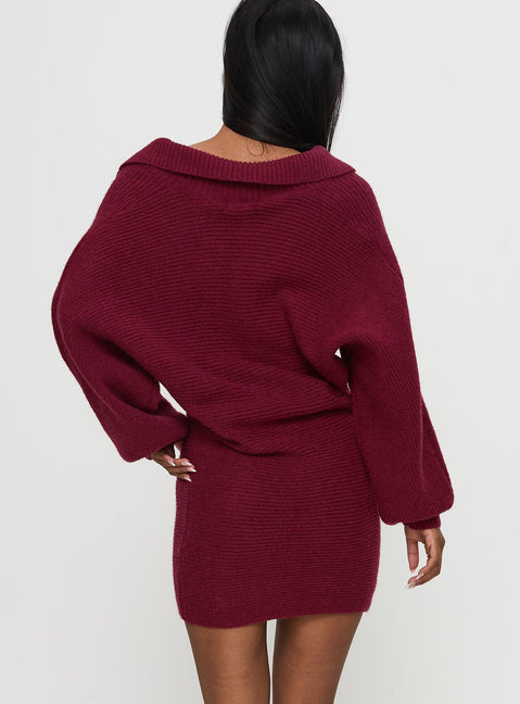 back view of model wearing Princess Polly Thorelle Sweater Mini Dress Burgundy V-Neck 