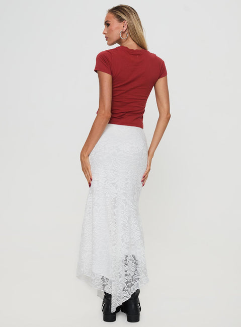 back view of model wearing Princess Polly Cattanio Lace Midi Skirt White Maxi 