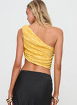 back view of model wearing Princess Polly Brinstead One Shoulder Top Yellow Sleeveless Asymmetric Neckline 