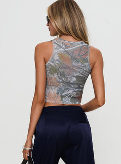 back view of model wearing Princess Polly Couldn't Care Less Graphic Top Leafy Camo Sleeveless Crew Neck 