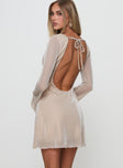 back view of model wearing Princess Polly Supanova Long Sleeve Mini Dress Champagne High Neck 