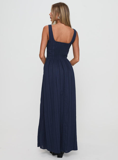 back view of model wearing Princess Polly Lorinda Maxi Dress Navy Square Neck 