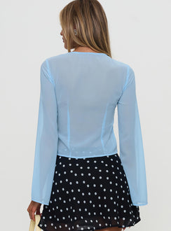 back view of model wearing Princess Polly Coates Long Sleeve Top Blue Full Sleeves Crew Neck 