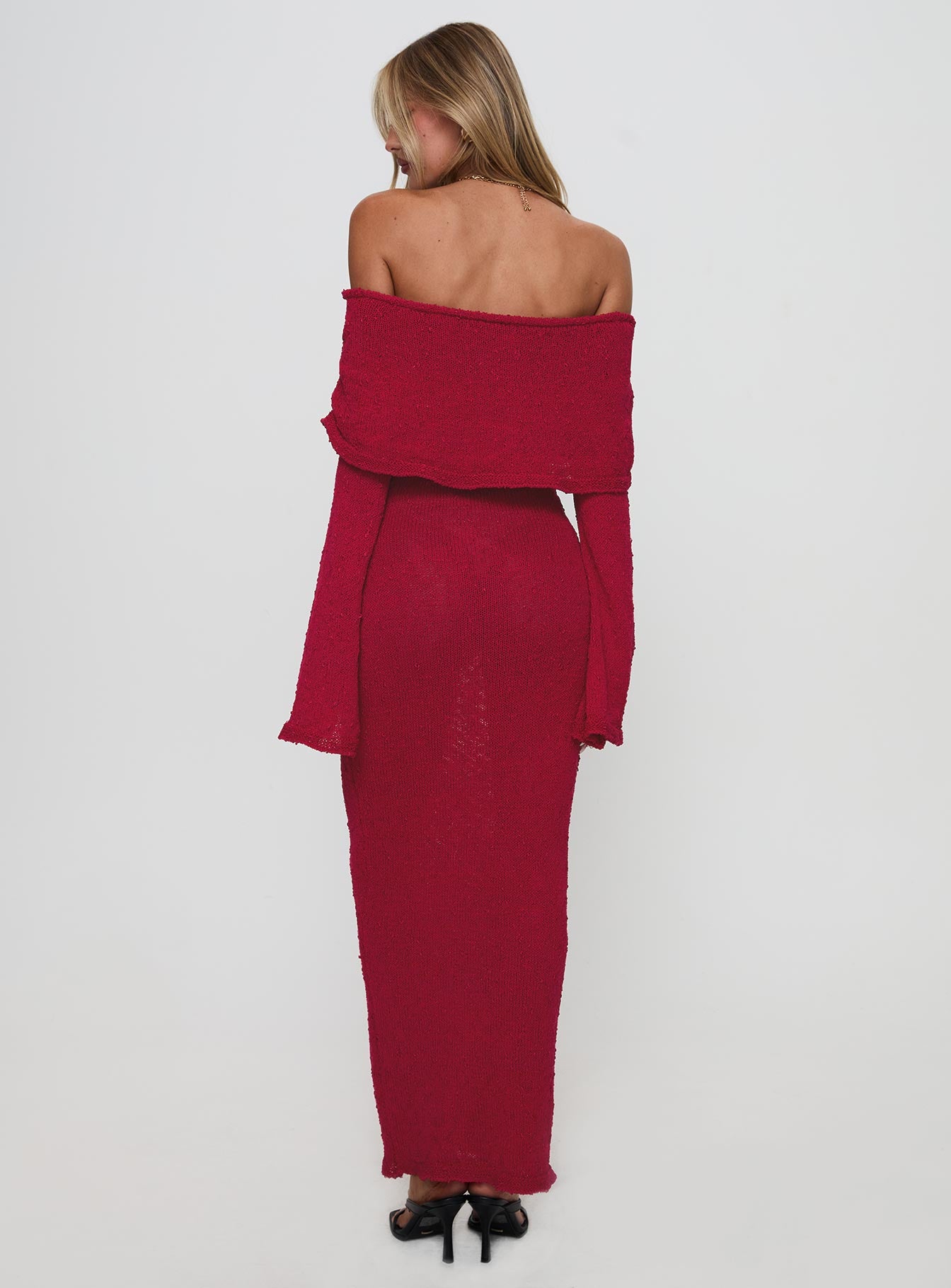 back view of model wearing Princess Polly Aleyah Long Sleeve Maxi Dress Burgundy Straight Neck 