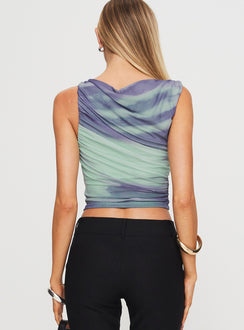 back view of model wearing Princess Polly Sweet Emotion Top Blue Sleeveless High Neck 