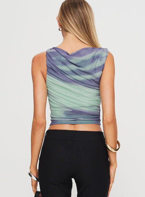 back view of model wearing Princess Polly Sweet Emotion Top Blue Sleeveless High Neck 