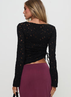 back view of model wearing Princess Polly Sensua Long Sleeve Top Black Full Sleeves High Neck 