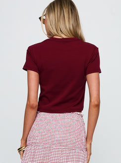 back view of model wearing Princess Polly Aerosmith Vintage Graphic Top Burgundy Short Sleeves Crew Neck 
