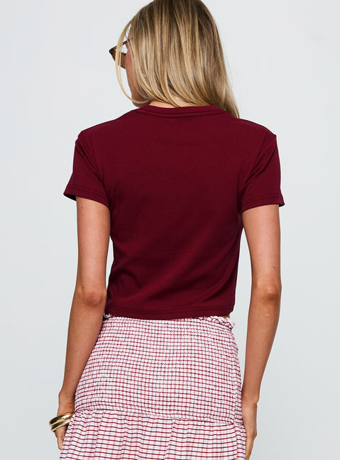 back view of model wearing Princess Polly Aerosmith Vintage Graphic Top Burgundy Short Sleeves Crew Neck 