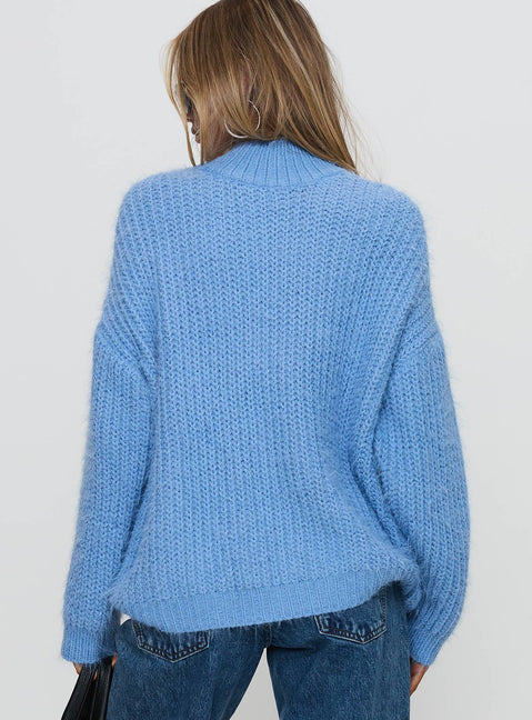 back view of model wearing Princess Polly Gavelston Crew Neck Waffle Sweater Blue Long 