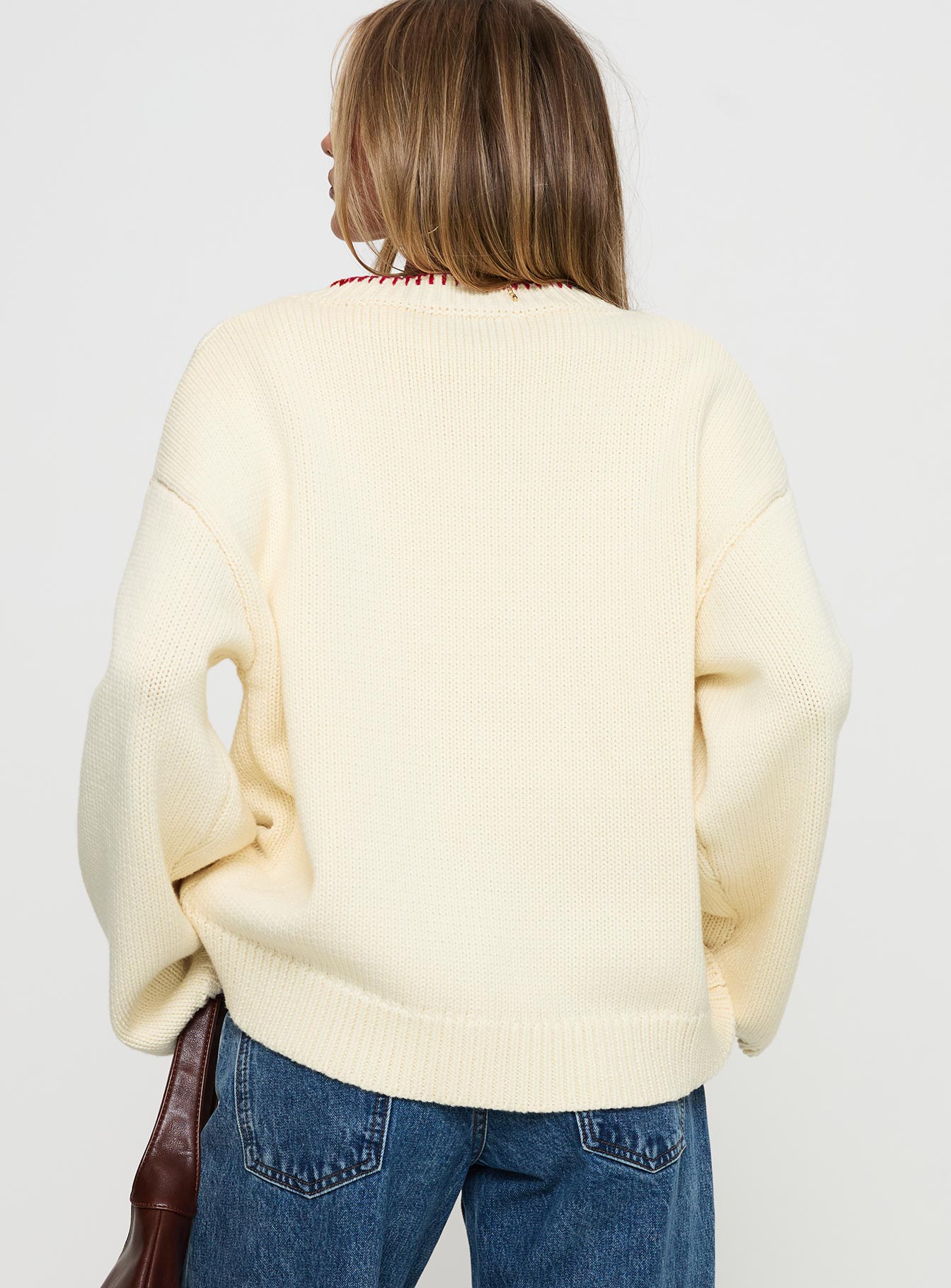 back view of model wearing Princess Polly Coastlines Knit Sweater Cream / Red Long 