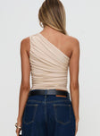 back view of model wearing Princess Polly Heston Asymmetrical Ruched Bodysuit Beige Sleeveless 