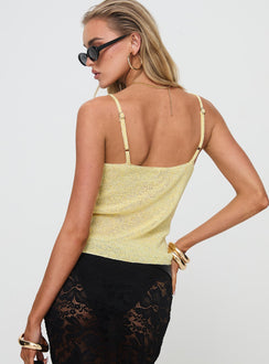 back view of model wearing Princess Polly Annaka Top Yellow Sleeveless Scoop Neck 