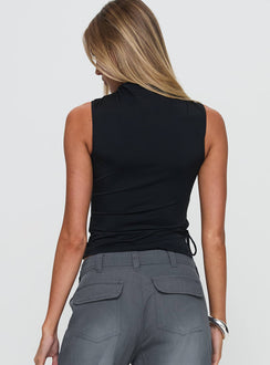back view of model wearing Princess Polly Solarah Tie Side Top Black Sleeveless High Neck 