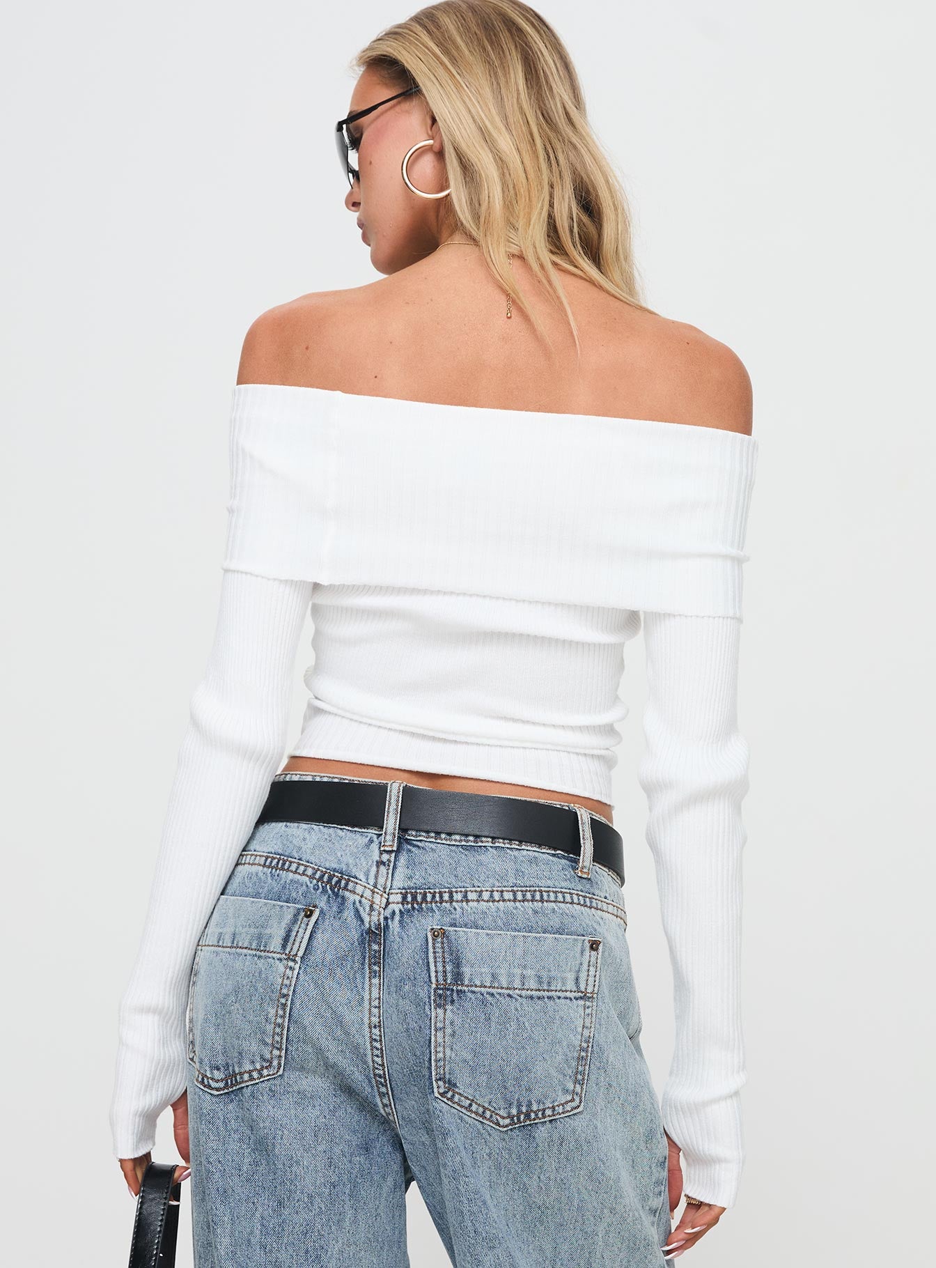 back view of model wearing Princess Polly Morley Off Shoulder Sweater White cropped 