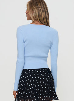 back view of model wearing Princess Polly Ophira Twist Detail Long Sleeve Top Blue Full Sleeves V-Neck 