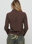 back view of model wearing Princess Polly Rozetti Long Sleeve Top Brown Stripe Full Sleeves V-Neck 