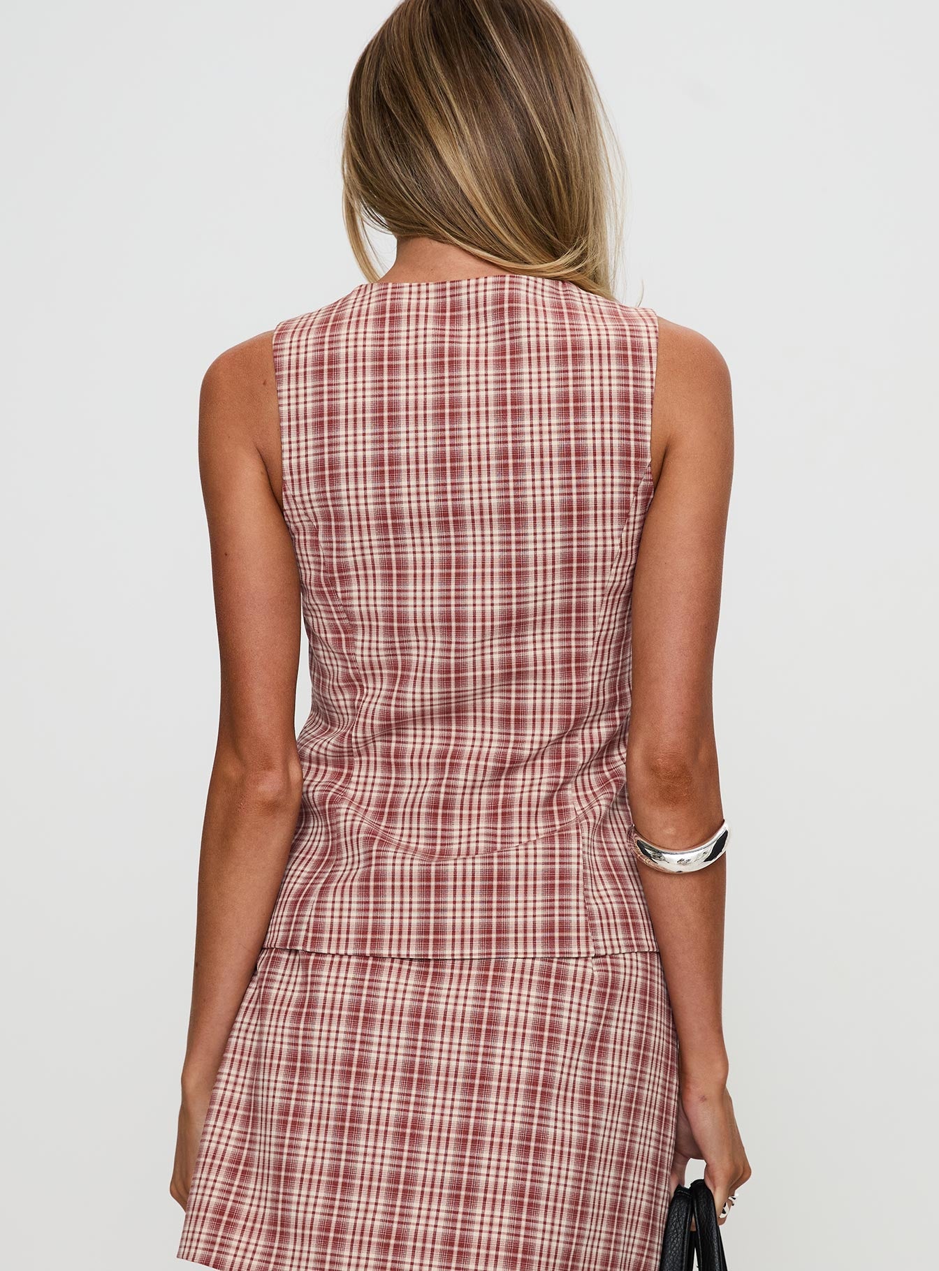 back view of model wearing Princess Polly Theodosia Top Red Check Sleeveless Crew Neck 