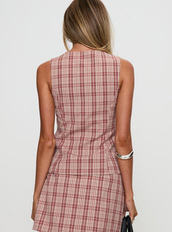 back view of model wearing Princess Polly Theodosia Top Red Check Sleeveless Crew Neck 