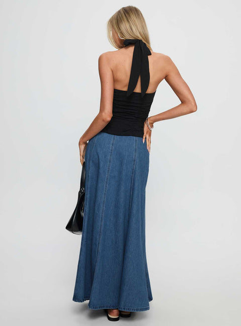 back view of model wearing Princess Polly Charleigh Soft Pleat Denim Maxi Skirt Mid Blue Wash Maxi 