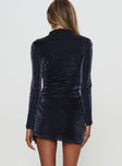 back view of model wearing Princess Polly Souza Long Sleeve Mini Dress Navy High Neck 