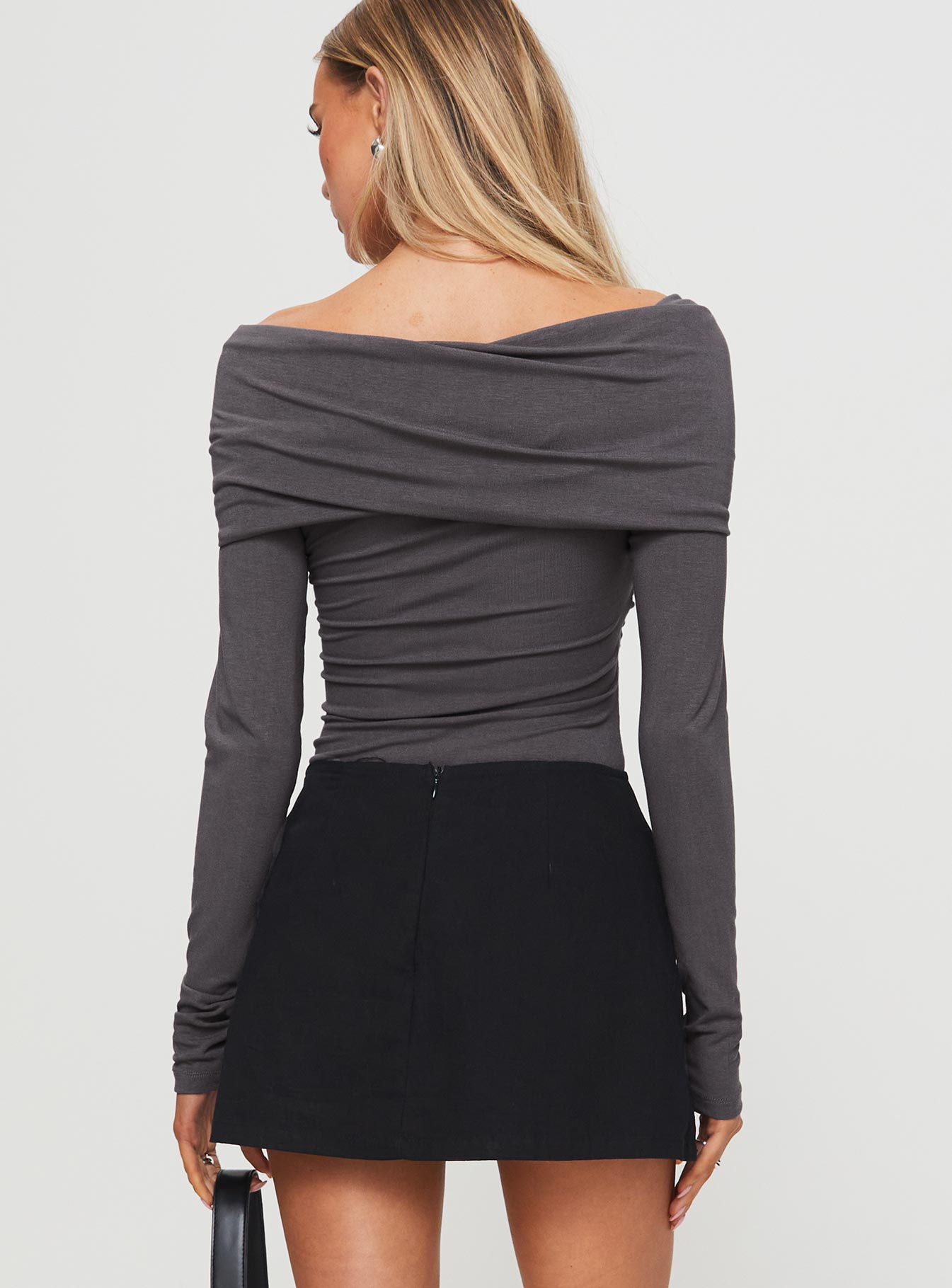back view of model wearing Princess Polly Sundlow Off Shoulder Bodysuit Slate Long Sleeve Tops 