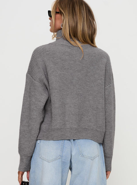 back view of model wearing Princess Polly Too Busy Zip Up Sweater Grey Cropped 